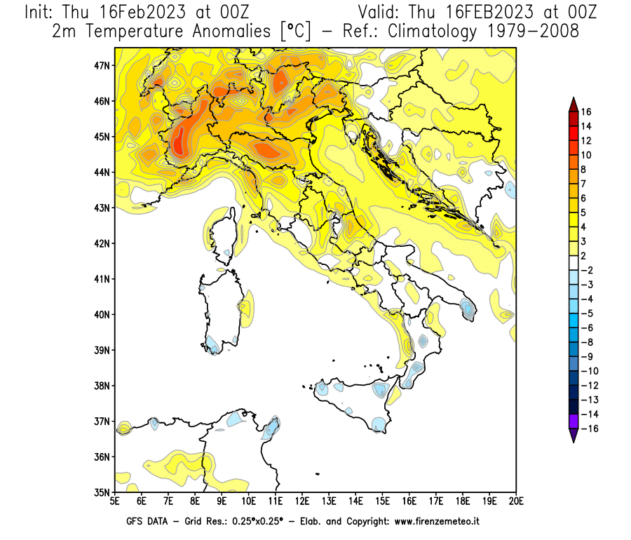 Mappa di analisi GFS - Anomalia Temperatura [°C] a 2 m in Italia
							del 16/02/2023 00 <!--googleoff: index-->UTC<!--googleon: index-->