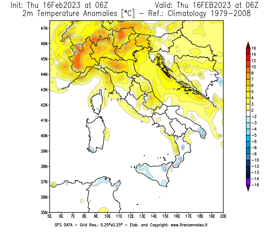 Mappa di analisi GFS - Anomalia Temperatura [°C] a 2 m in Italia
							del 16/02/2023 06 <!--googleoff: index-->UTC<!--googleon: index-->