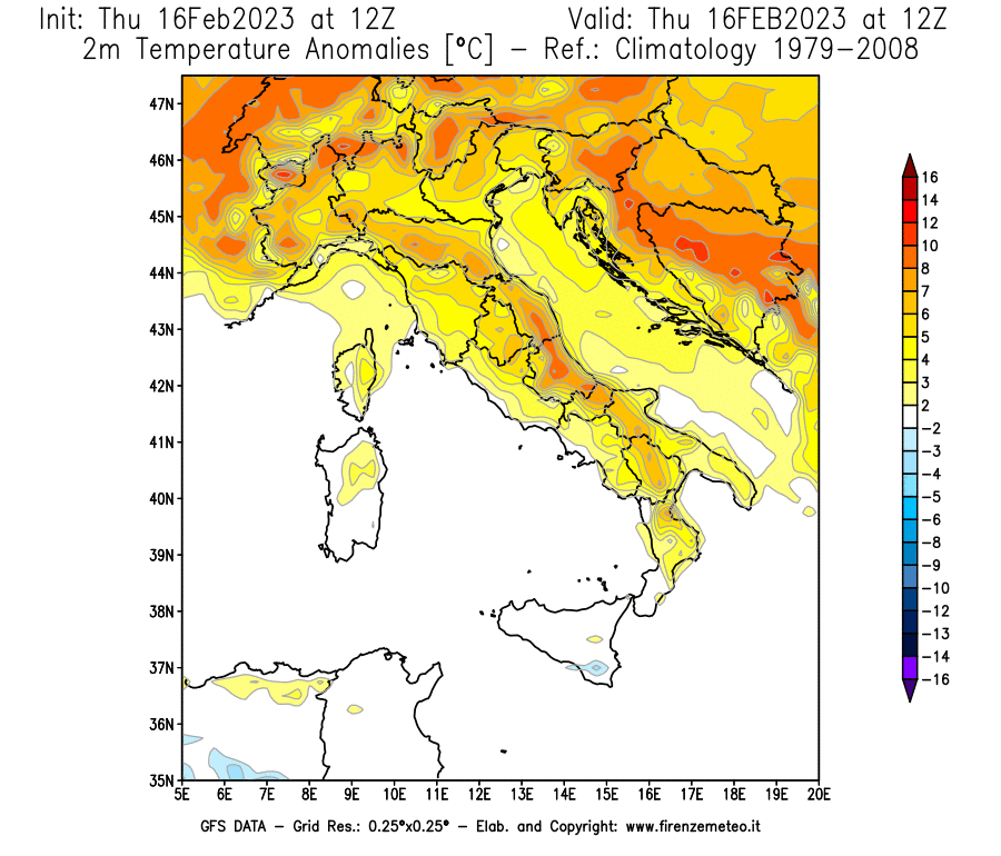 Mappa di analisi GFS - Anomalia Temperatura [°C] a 2 m in Italia
							del 16/02/2023 12 <!--googleoff: index-->UTC<!--googleon: index-->