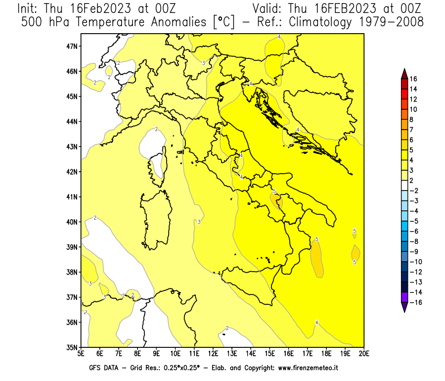 Mappa di analisi GFS - Anomalia Temperatura [°C] a 500 hPa in Italia
							del 16/02/2023 00 <!--googleoff: index-->UTC<!--googleon: index-->