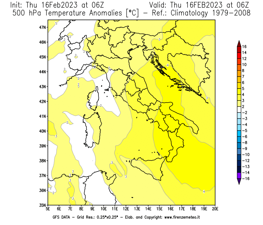 Mappa di analisi GFS - Anomalia Temperatura [°C] a 500 hPa in Italia
							del 16/02/2023 06 <!--googleoff: index-->UTC<!--googleon: index-->