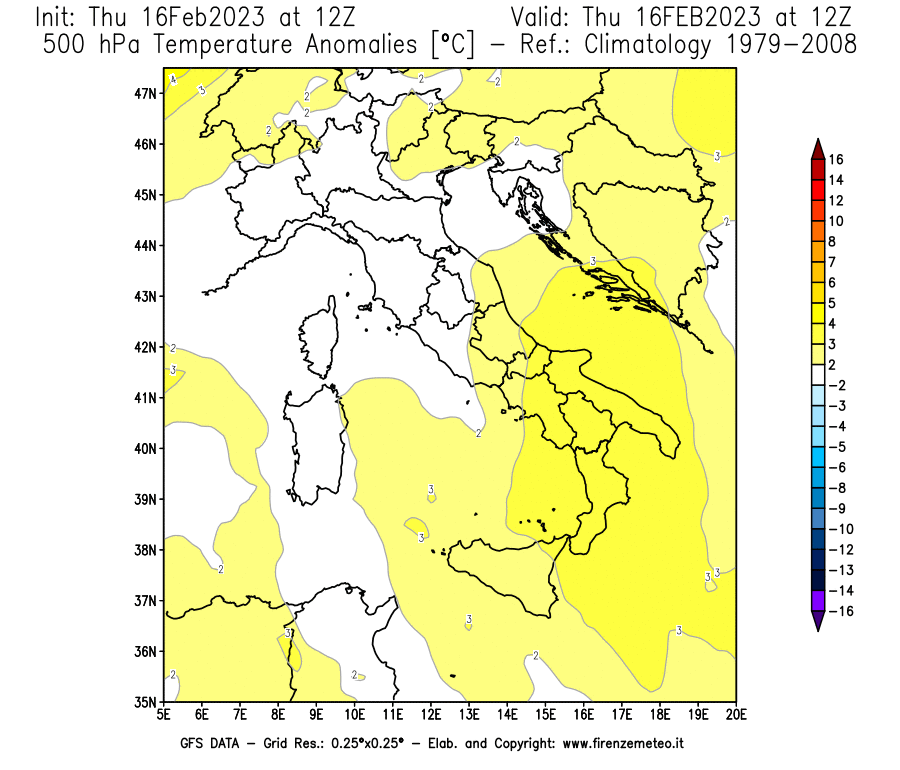 Mappa di analisi GFS - Anomalia Temperatura [°C] a 500 hPa in Italia
							del 16/02/2023 12 <!--googleoff: index-->UTC<!--googleon: index-->