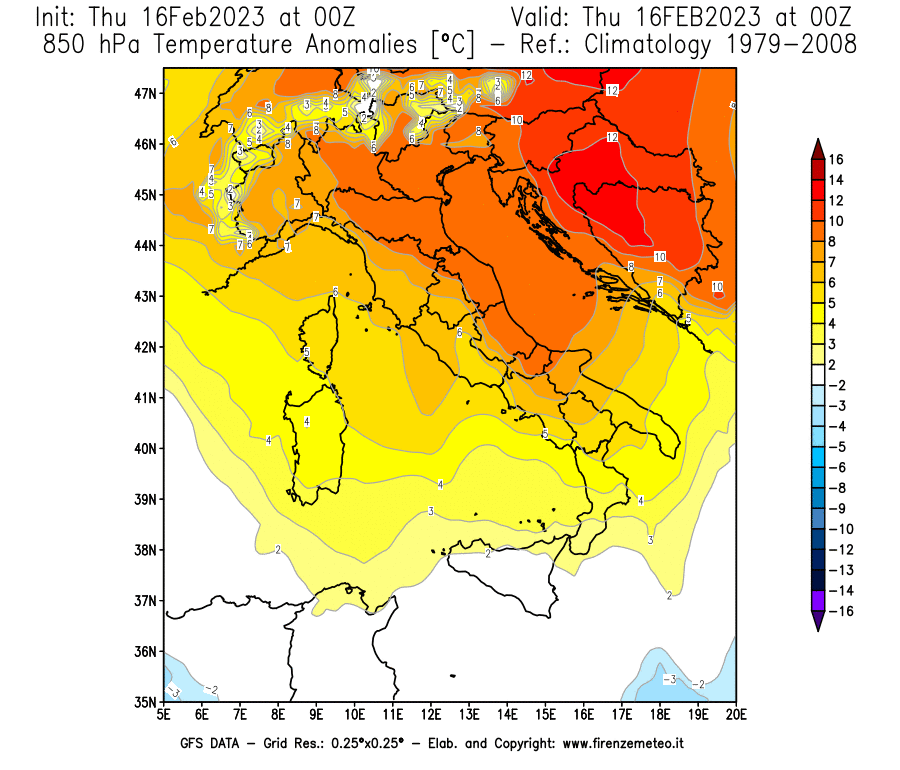 Mappa di analisi GFS - Anomalia Temperatura [°C] a 850 hPa in Italia
							del 16/02/2023 00 <!--googleoff: index-->UTC<!--googleon: index-->