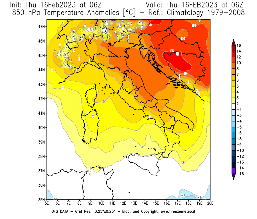 Mappa di analisi GFS - Anomalia Temperatura [°C] a 850 hPa in Italia
							del 16/02/2023 06 <!--googleoff: index-->UTC<!--googleon: index-->