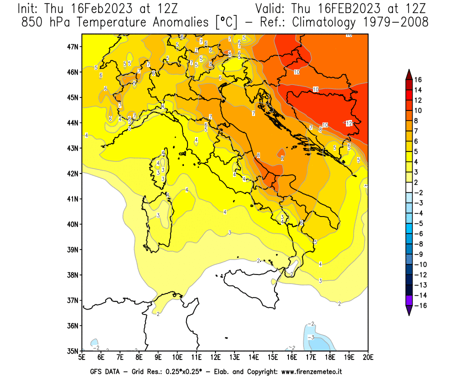 Mappa di analisi GFS - Anomalia Temperatura [°C] a 850 hPa in Italia
							del 16/02/2023 12 <!--googleoff: index-->UTC<!--googleon: index-->