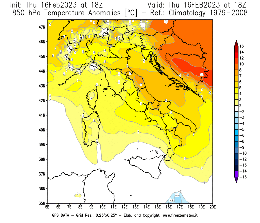Mappa di analisi GFS - Anomalia Temperatura [°C] a 850 hPa in Italia
							del 16/02/2023 18 <!--googleoff: index-->UTC<!--googleon: index-->