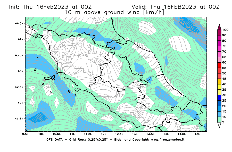 Mappa di analisi GFS - Velocità del vento a 10 metri dal suolo [km/h] in Centro-Italia
							del 16/02/2023 00 <!--googleoff: index-->UTC<!--googleon: index-->
