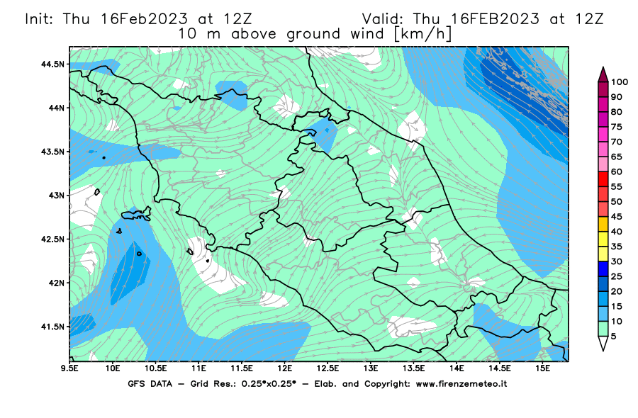 Mappa di analisi GFS - Velocità del vento a 10 metri dal suolo [km/h] in Centro-Italia
							del 16/02/2023 12 <!--googleoff: index-->UTC<!--googleon: index-->