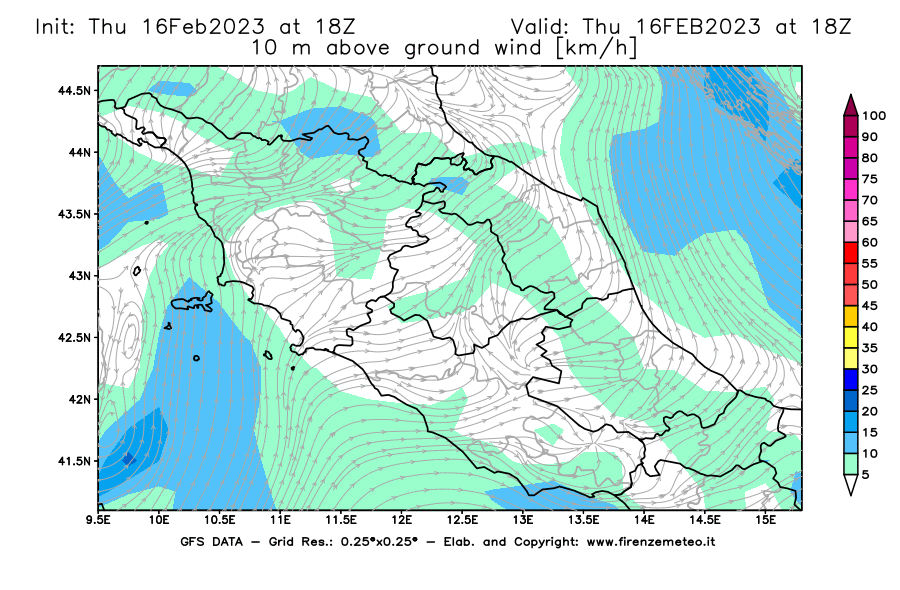 Mappa di analisi GFS - Velocità del vento a 10 metri dal suolo [km/h] in Centro-Italia
							del 16/02/2023 18 <!--googleoff: index-->UTC<!--googleon: index-->