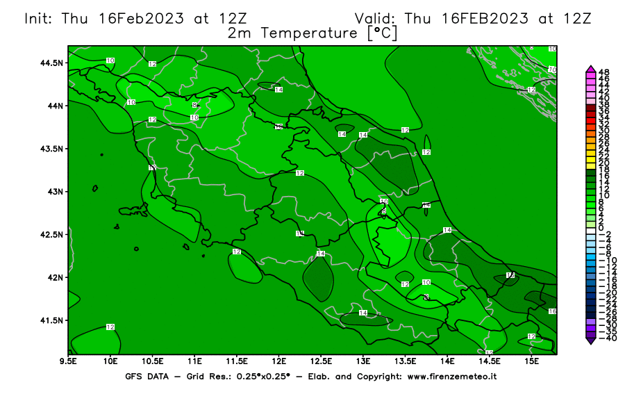 Mappa di analisi GFS - Temperatura a 2 metri dal suolo [°C] in Centro-Italia
							del 16/02/2023 12 <!--googleoff: index-->UTC<!--googleon: index-->