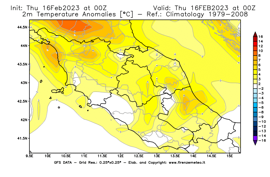 Mappa di analisi GFS - Anomalia Temperatura [°C] a 2 m in Centro-Italia
							del 16/02/2023 00 <!--googleoff: index-->UTC<!--googleon: index-->