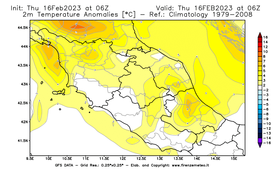 Mappa di analisi GFS - Anomalia Temperatura [°C] a 2 m in Centro-Italia
							del 16/02/2023 06 <!--googleoff: index-->UTC<!--googleon: index-->