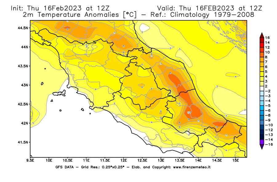Mappa di analisi GFS - Anomalia Temperatura [°C] a 2 m in Centro-Italia
							del 16/02/2023 12 <!--googleoff: index-->UTC<!--googleon: index-->