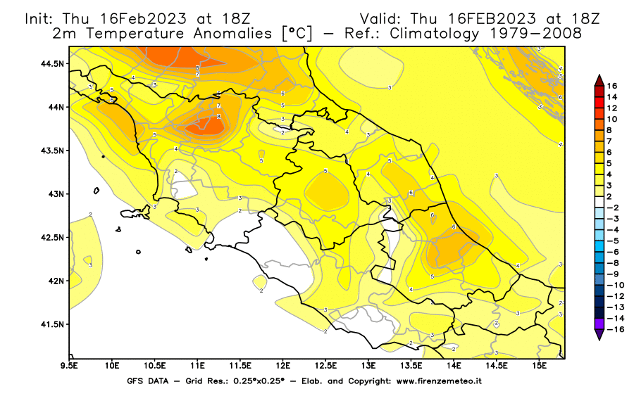 Mappa di analisi GFS - Anomalia Temperatura [°C] a 2 m in Centro-Italia
							del 16/02/2023 18 <!--googleoff: index-->UTC<!--googleon: index-->
