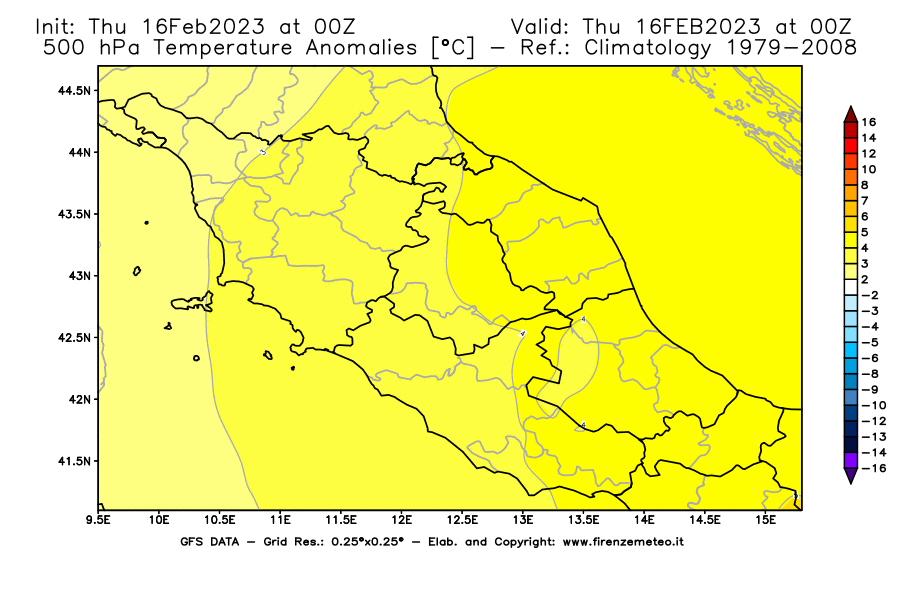 Mappa di analisi GFS - Anomalia Temperatura [°C] a 500 hPa in Centro-Italia
							del 16/02/2023 00 <!--googleoff: index-->UTC<!--googleon: index-->