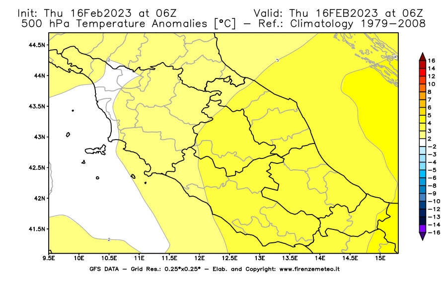 Mappa di analisi GFS - Anomalia Temperatura [°C] a 500 hPa in Centro-Italia
							del 16/02/2023 06 <!--googleoff: index-->UTC<!--googleon: index-->