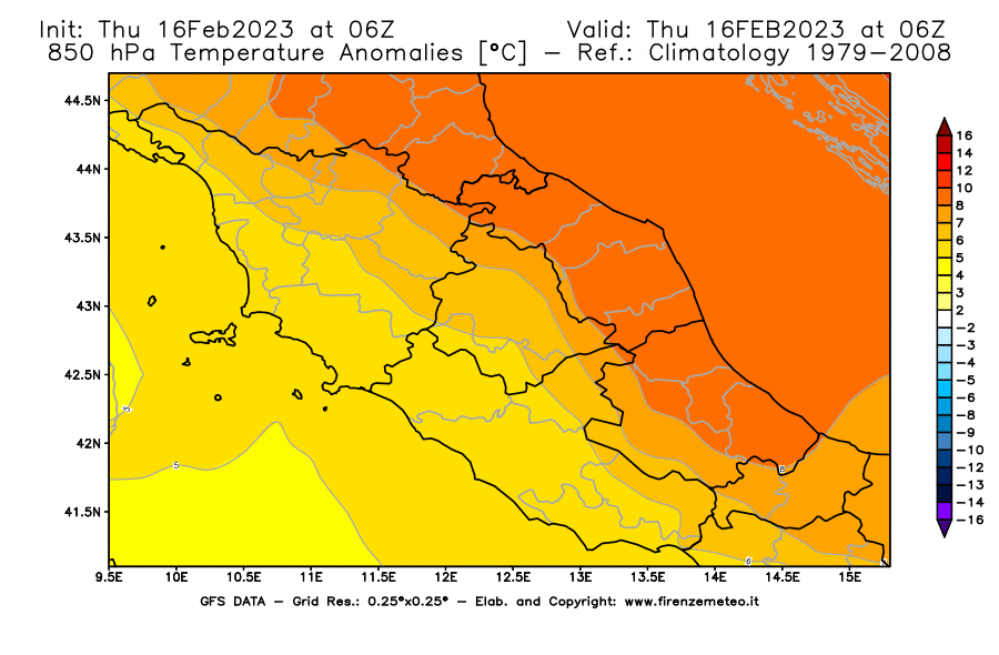 Mappa di analisi GFS - Anomalia Temperatura [°C] a 850 hPa in Centro-Italia
							del 16/02/2023 06 <!--googleoff: index-->UTC<!--googleon: index-->