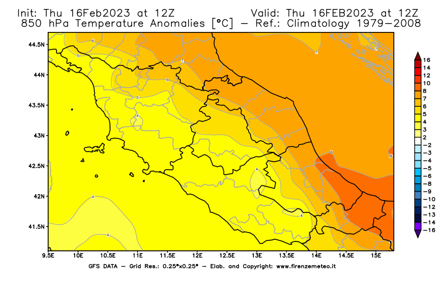Mappa di analisi GFS - Anomalia Temperatura [°C] a 850 hPa in Centro-Italia
							del 16/02/2023 12 <!--googleoff: index-->UTC<!--googleon: index-->