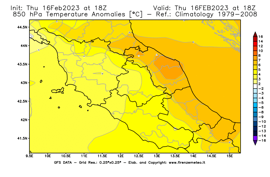 Mappa di analisi GFS - Anomalia Temperatura [°C] a 850 hPa in Centro-Italia
							del 16/02/2023 18 <!--googleoff: index-->UTC<!--googleon: index-->