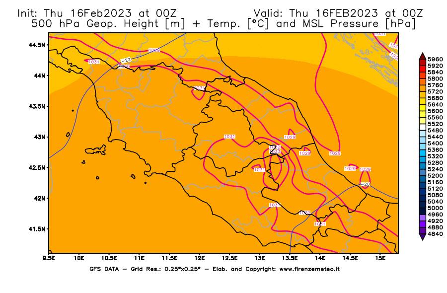 Mappa di analisi GFS - Geopotenziale [m] + Temp. [°C] a 500 hPa + Press. a livello del mare [hPa] in Centro-Italia
							del 16/02/2023 00 <!--googleoff: index-->UTC<!--googleon: index-->
