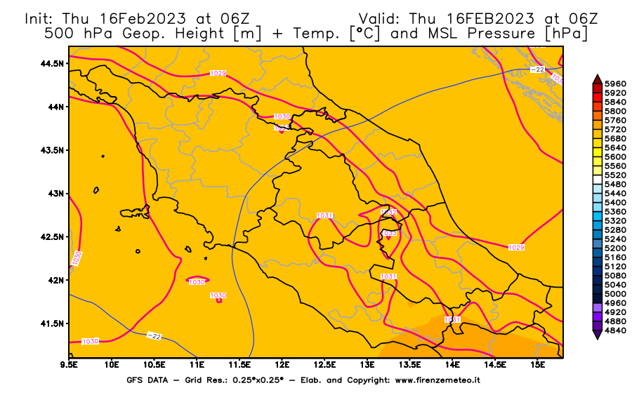 Mappa di analisi GFS - Geopotenziale [m] + Temp. [°C] a 500 hPa + Press. a livello del mare [hPa] in Centro-Italia
							del 16/02/2023 06 <!--googleoff: index-->UTC<!--googleon: index-->