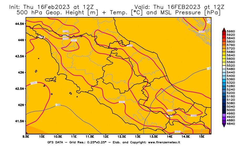 Mappa di analisi GFS - Geopotenziale [m] + Temp. [°C] a 500 hPa + Press. a livello del mare [hPa] in Centro-Italia
							del 16/02/2023 12 <!--googleoff: index-->UTC<!--googleon: index-->