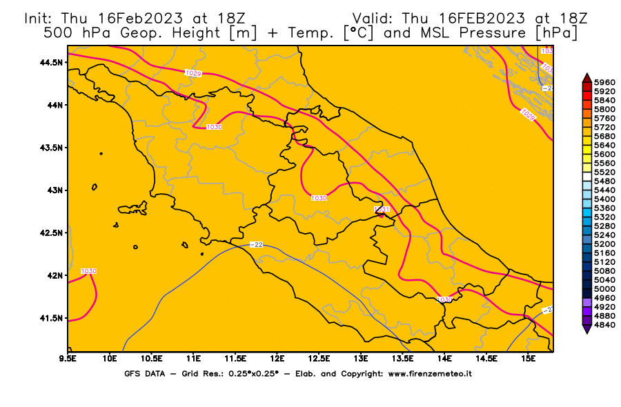 Mappa di analisi GFS - Geopotenziale [m] + Temp. [°C] a 500 hPa + Press. a livello del mare [hPa] in Centro-Italia
							del 16/02/2023 18 <!--googleoff: index-->UTC<!--googleon: index-->