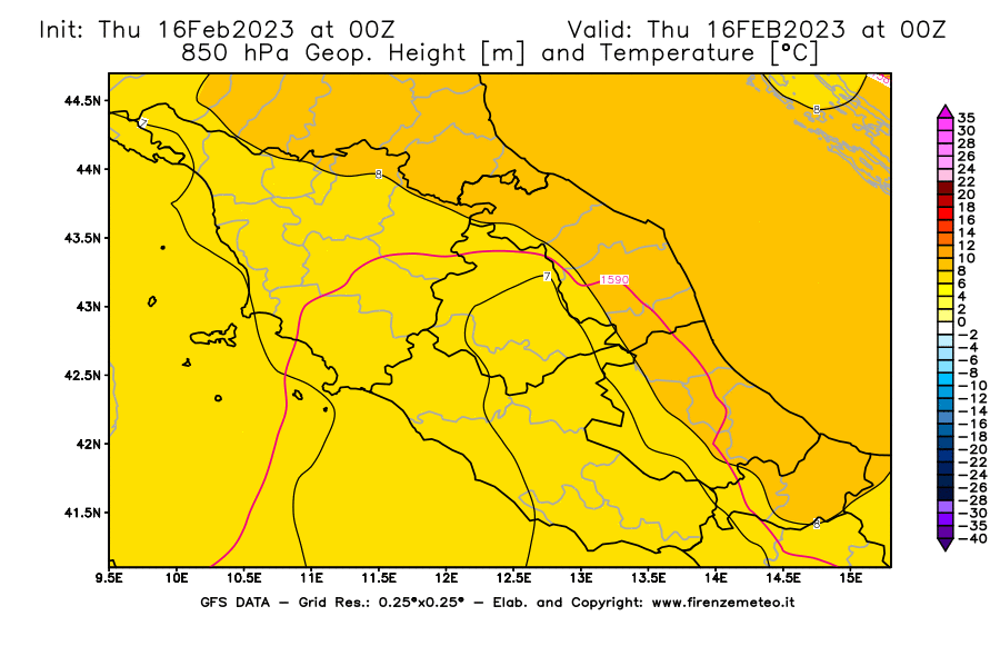 Mappa di analisi GFS - Geopotenziale [m] e Temperatura [°C] a 850 hPa in Centro-Italia
							del 16/02/2023 00 <!--googleoff: index-->UTC<!--googleon: index-->