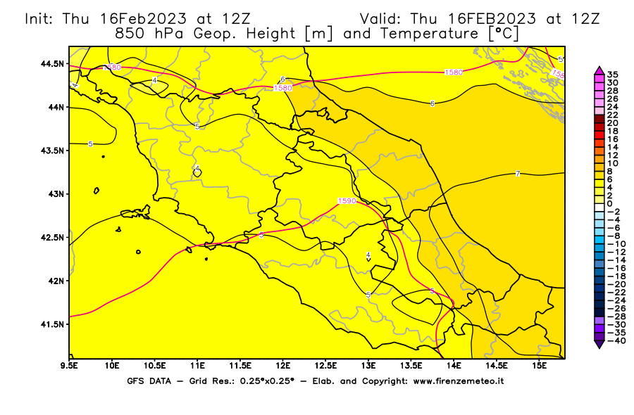 Mappa di analisi GFS - Geopotenziale [m] e Temperatura [°C] a 850 hPa in Centro-Italia
							del 16/02/2023 12 <!--googleoff: index-->UTC<!--googleon: index-->