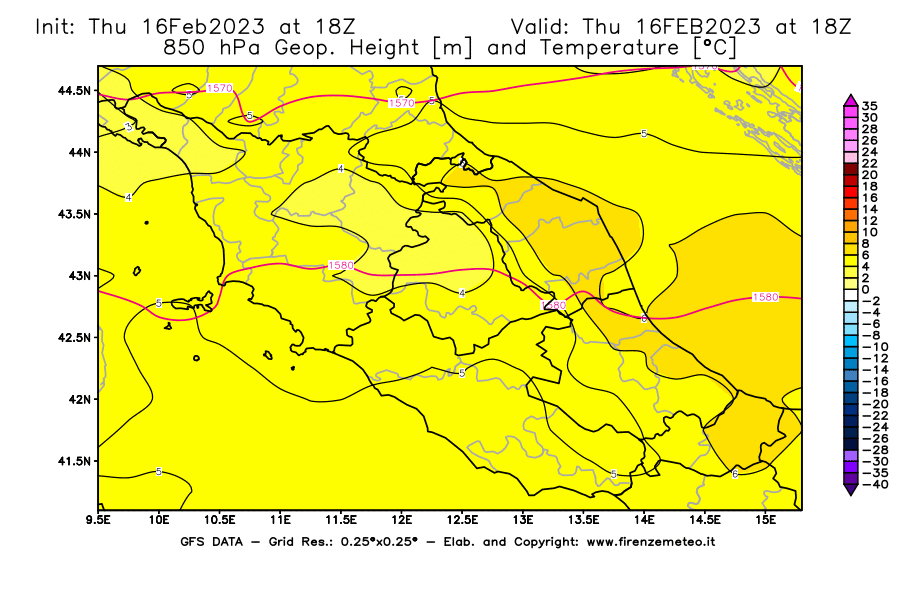 Mappa di analisi GFS - Geopotenziale [m] e Temperatura [°C] a 850 hPa in Centro-Italia
							del 16/02/2023 18 <!--googleoff: index-->UTC<!--googleon: index-->