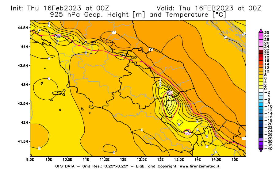 Mappa di analisi GFS - Geopotenziale [m] e Temperatura [°C] a 925 hPa in Centro-Italia
							del 16/02/2023 00 <!--googleoff: index-->UTC<!--googleon: index-->