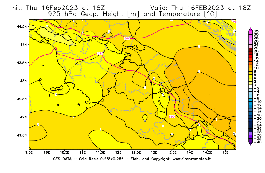 Mappa di analisi GFS - Geopotenziale [m] e Temperatura [°C] a 925 hPa in Centro-Italia
							del 16/02/2023 18 <!--googleoff: index-->UTC<!--googleon: index-->