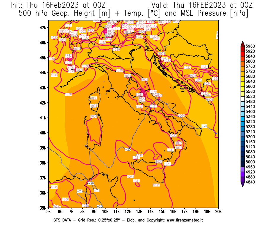 Mappa di analisi GFS - Geopotenziale [m] + Temp. [°C] a 500 hPa + Press. a livello del mare [hPa] in Italia
							del 16/02/2023 00 <!--googleoff: index-->UTC<!--googleon: index-->