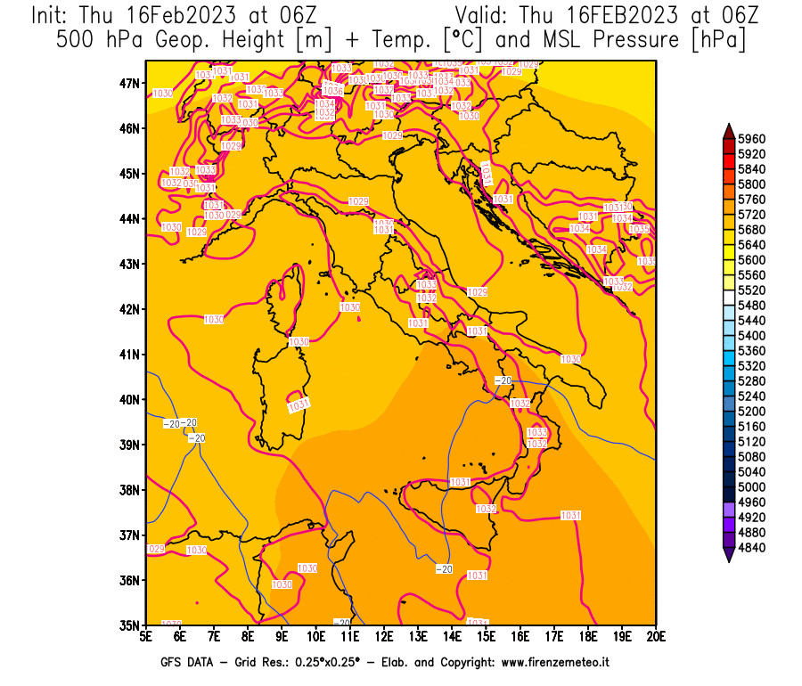 Mappa di analisi GFS - Geopotenziale [m] + Temp. [°C] a 500 hPa + Press. a livello del mare [hPa] in Italia
							del 16/02/2023 06 <!--googleoff: index-->UTC<!--googleon: index-->
