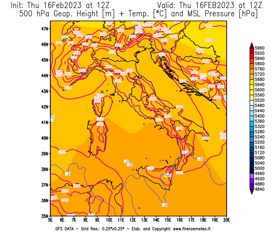 Mappa di analisi GFS - Geopotenziale [m] + Temp. [°C] a 500 hPa + Press. a livello del mare [hPa] in Italia
							del 16/02/2023 12 <!--googleoff: index-->UTC<!--googleon: index-->