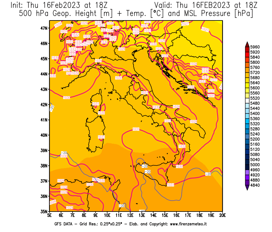 Mappa di analisi GFS - Geopotenziale [m] + Temp. [°C] a 500 hPa + Press. a livello del mare [hPa] in Italia
							del 16/02/2023 18 <!--googleoff: index-->UTC<!--googleon: index-->