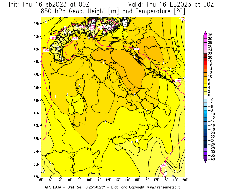 Mappa di analisi GFS - Geopotenziale [m] e Temperatura [°C] a 850 hPa in Italia
							del 16/02/2023 00 <!--googleoff: index-->UTC<!--googleon: index-->