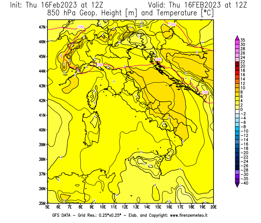 Mappa di analisi GFS - Geopotenziale [m] e Temperatura [°C] a 850 hPa in Italia
							del 16/02/2023 12 <!--googleoff: index-->UTC<!--googleon: index-->