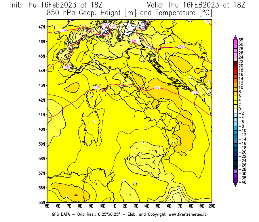 Mappa di analisi GFS - Geopotenziale [m] e Temperatura [°C] a 850 hPa in Italia
							del 16/02/2023 18 <!--googleoff: index-->UTC<!--googleon: index-->