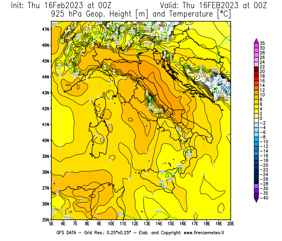 Mappa di analisi GFS - Geopotenziale [m] e Temperatura [°C] a 925 hPa in Italia
							del 16/02/2023 00 <!--googleoff: index-->UTC<!--googleon: index-->