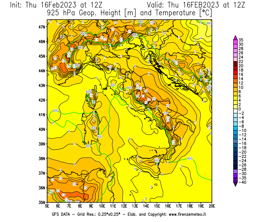 Mappa di analisi GFS - Geopotenziale [m] e Temperatura [°C] a 925 hPa in Italia
							del 16/02/2023 12 <!--googleoff: index-->UTC<!--googleon: index-->