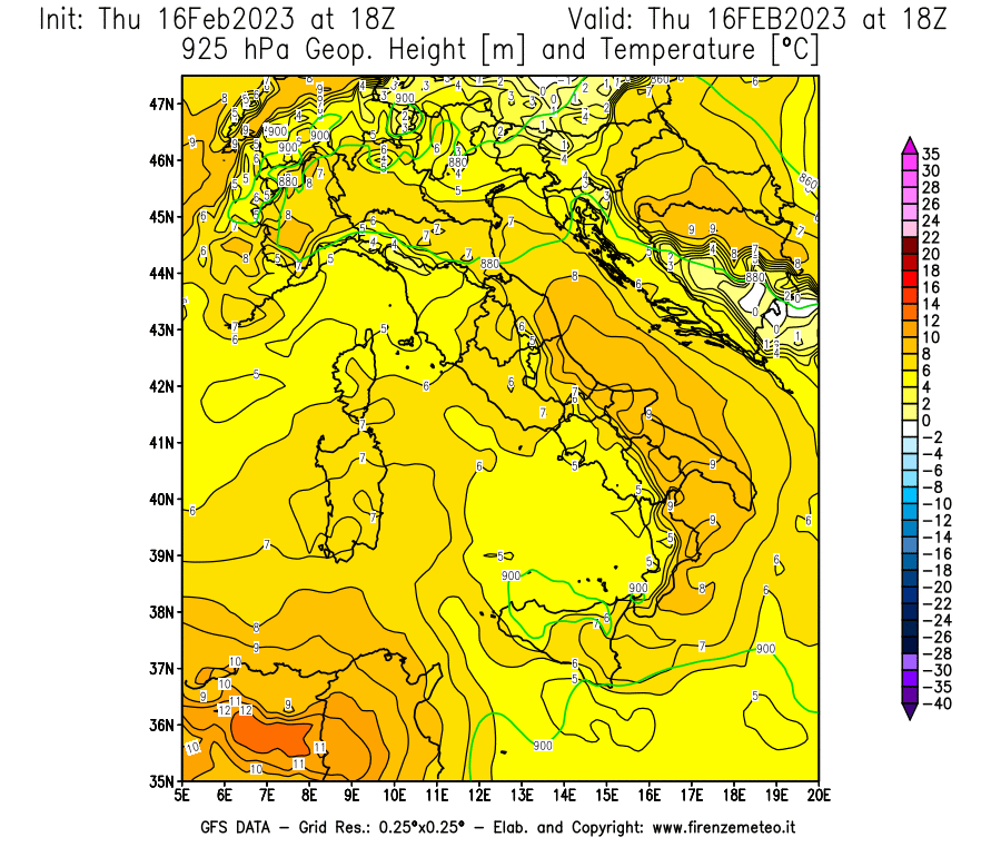 Mappa di analisi GFS - Geopotenziale [m] e Temperatura [°C] a 925 hPa in Italia
							del 16/02/2023 18 <!--googleoff: index-->UTC<!--googleon: index-->