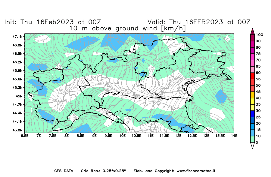 Mappa di analisi GFS - Velocità del vento a 10 metri dal suolo [km/h] in Nord-Italia
							del 16/02/2023 00 <!--googleoff: index-->UTC<!--googleon: index-->