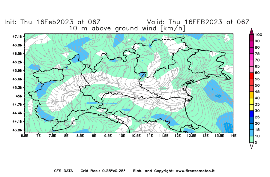 Mappa di analisi GFS - Velocità del vento a 10 metri dal suolo [km/h] in Nord-Italia
							del 16/02/2023 06 <!--googleoff: index-->UTC<!--googleon: index-->