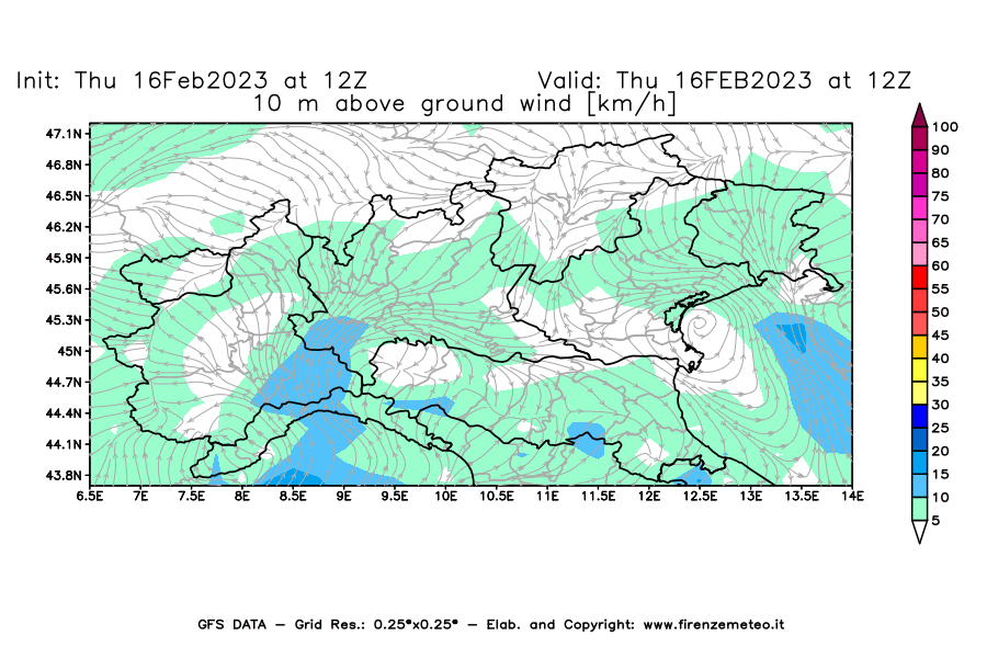 Mappa di analisi GFS - Velocità del vento a 10 metri dal suolo [km/h] in Nord-Italia
							del 16/02/2023 12 <!--googleoff: index-->UTC<!--googleon: index-->
