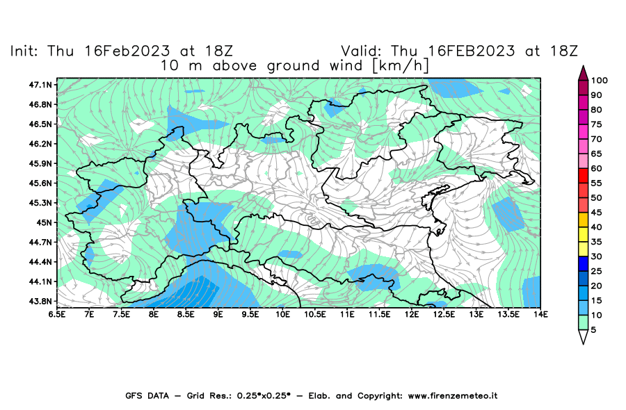 Mappa di analisi GFS - Velocità del vento a 10 metri dal suolo [km/h] in Nord-Italia
							del 16/02/2023 18 <!--googleoff: index-->UTC<!--googleon: index-->