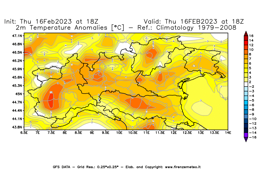 Mappa di analisi GFS - Anomalia Temperatura [°C] a 2 m in Nord-Italia
							del 16/02/2023 18 <!--googleoff: index-->UTC<!--googleon: index-->