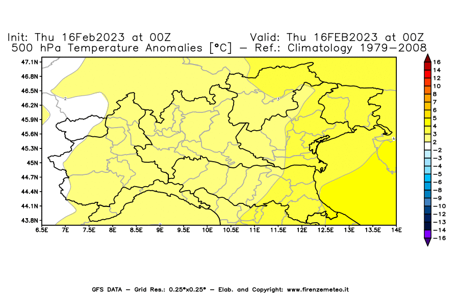 Mappa di analisi GFS - Anomalia Temperatura [°C] a 500 hPa in Nord-Italia
							del 16/02/2023 00 <!--googleoff: index-->UTC<!--googleon: index-->