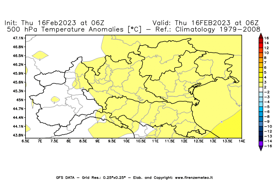 Mappa di analisi GFS - Anomalia Temperatura [°C] a 500 hPa in Nord-Italia
							del 16/02/2023 06 <!--googleoff: index-->UTC<!--googleon: index-->
