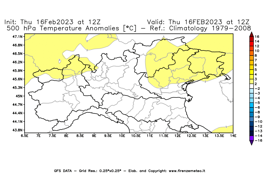 Mappa di analisi GFS - Anomalia Temperatura [°C] a 500 hPa in Nord-Italia
							del 16/02/2023 12 <!--googleoff: index-->UTC<!--googleon: index-->